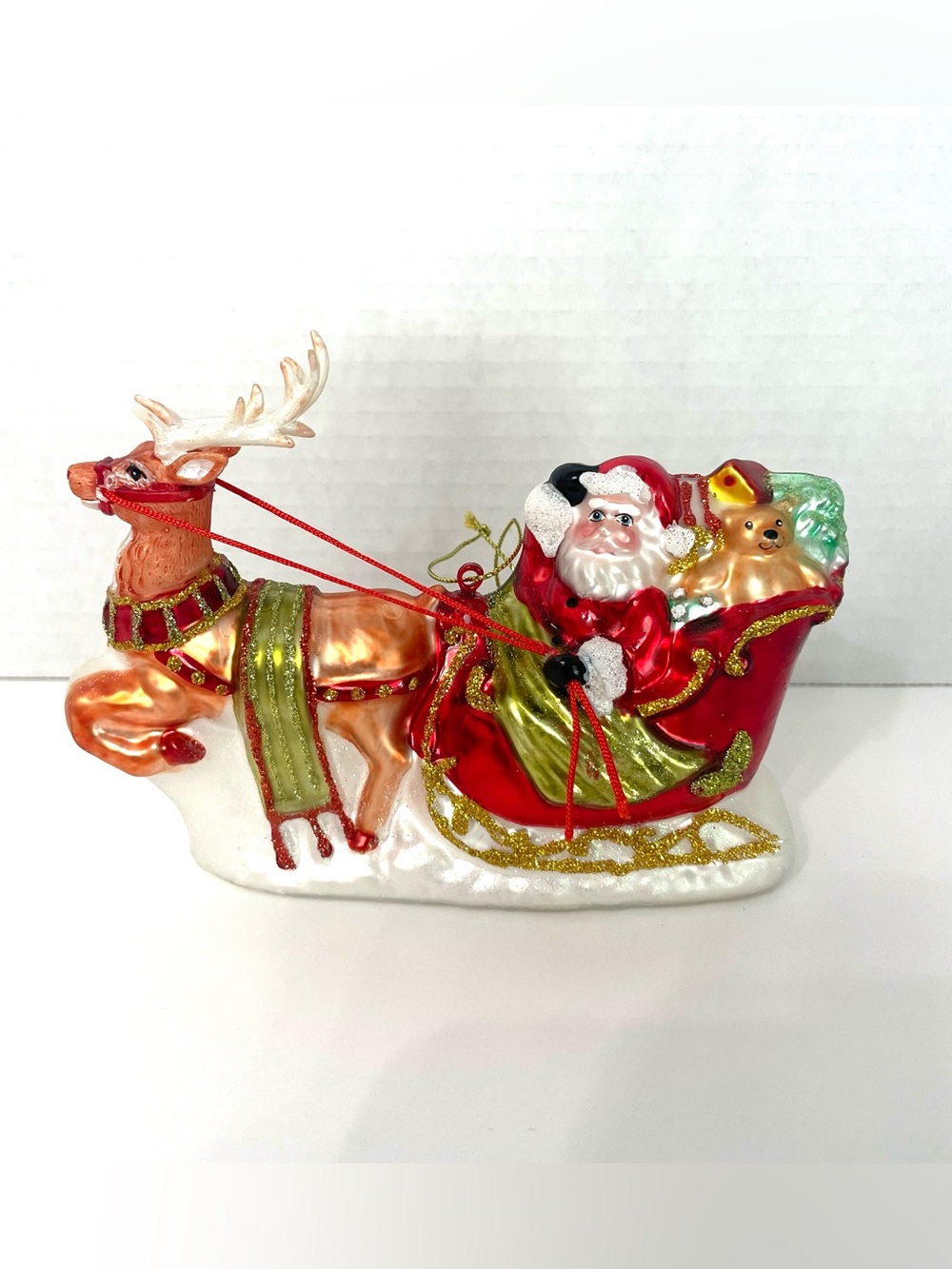 Robert Stanley Santa in Sleigh Reindeer Hand Blown Glass Christmas Ornament 2021